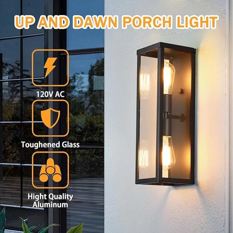 B05072P 16'' Outdoor Wall Lights Fixture 2 Packs, Up and Down Outdoor Sconce Lights Wall Lantern, Waterproof Exterior Lighting Fixtures with Clear Glass, Morden Black Porch Lights for Patio, Garage - Image 4