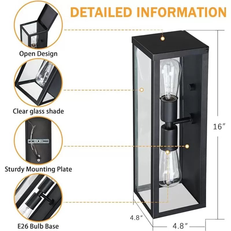 B05072P 16'' Outdoor Wall Lights Fixture 2 Packs, Up and Down Outdoor Sconce Lights Wall Lantern, Waterproof Exterior Lighting Fixtures with Clear Glass, Morden Black Porch Lights for Patio, Garage - Image 5
