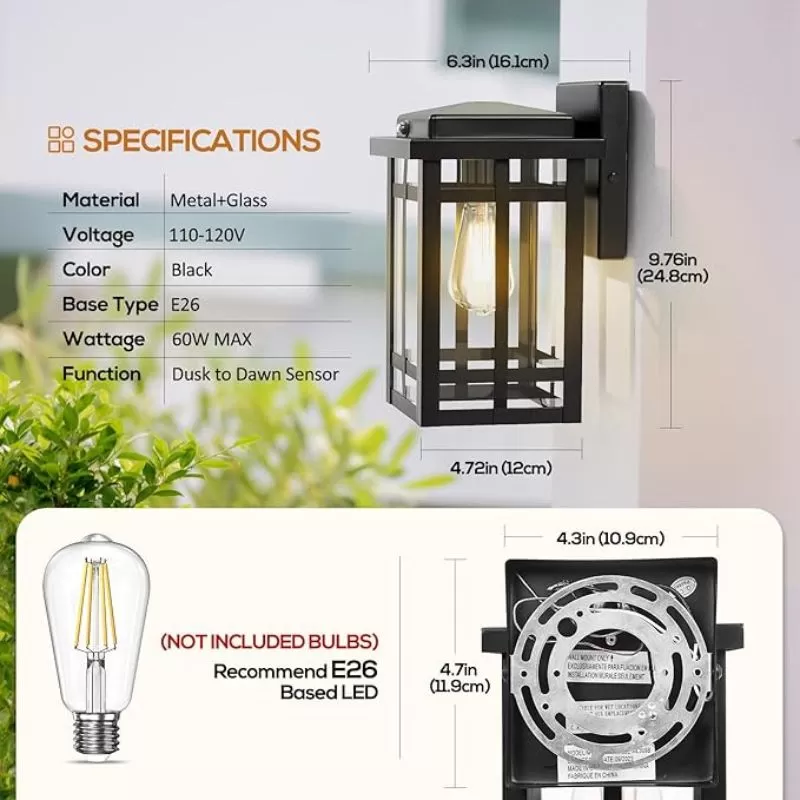 WL308B B05061P Outdoor Wall Light Fixtures, Exterior Waterproof Lanterns, Porch Sconces Wall Mounted Lighting with E26 Sockets & Glass Shades, Modern Matte Black Wall Lamps for Patio Front Door Entryway, 2-Pack - Image 5