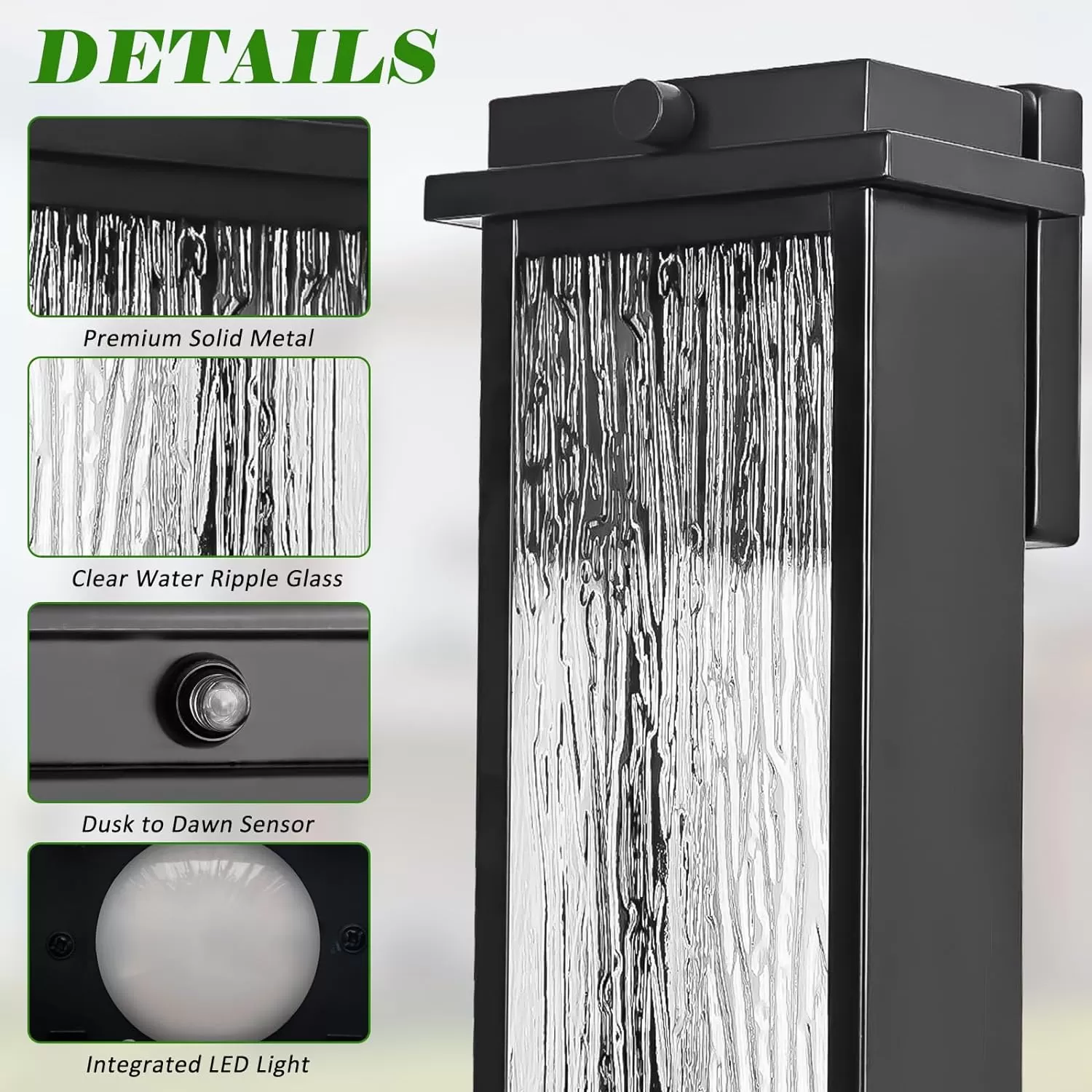 B06104BLP Black LED Dusk to Dawn Outdoor Lighting 2 Packs, 16" Large Outside Farmhouse Wall Lantern, Industrial Porch Wall Mount Light Fixture with Rippled Glass, Waterproof Modern Exterior Sconce Lamp - Image 8