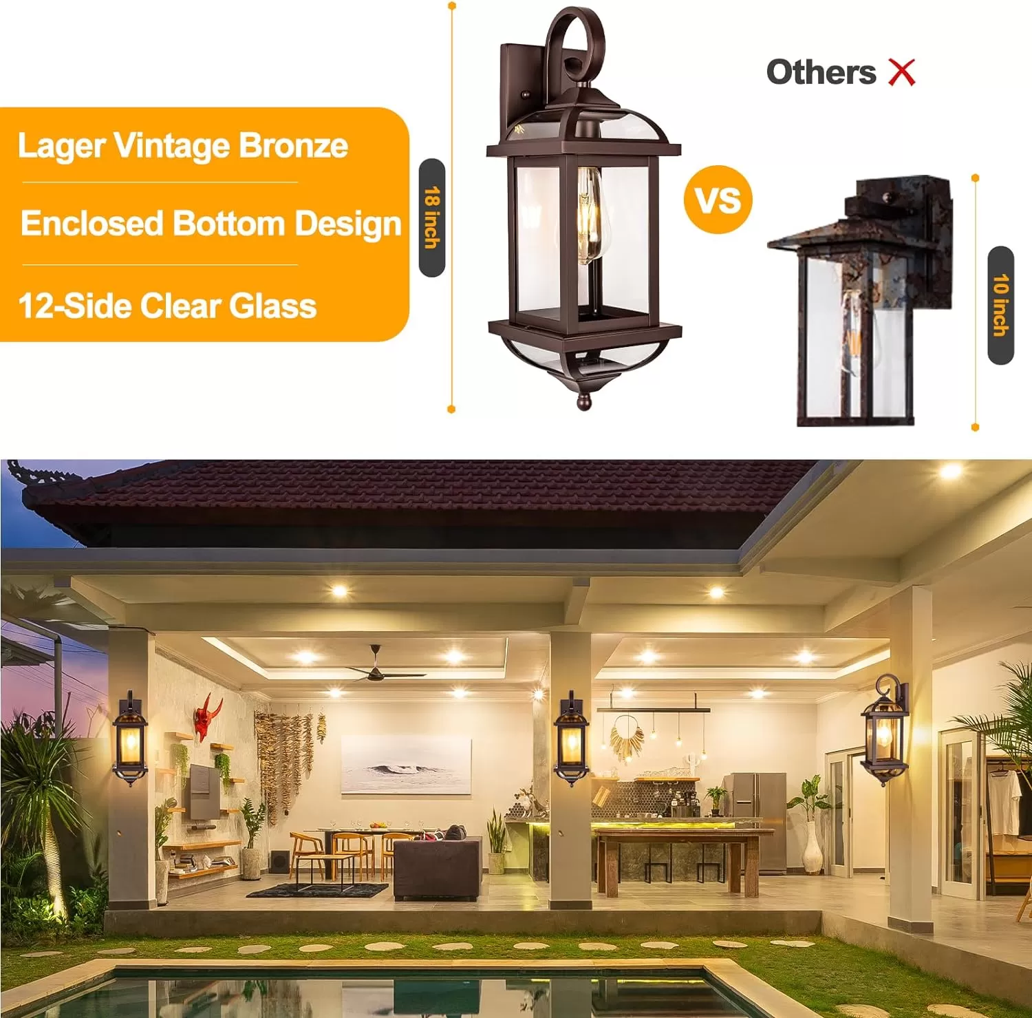 B07049P 18” Bronze Outdoor Wall Lights Exterior Light Fixtures 2-Pack, Porch Lights Outside Sconces Anti-Rust Aluminum Patio Lights for House Clear Glass Wall Mount Lanterns, IP65 Waterproof - Image 6