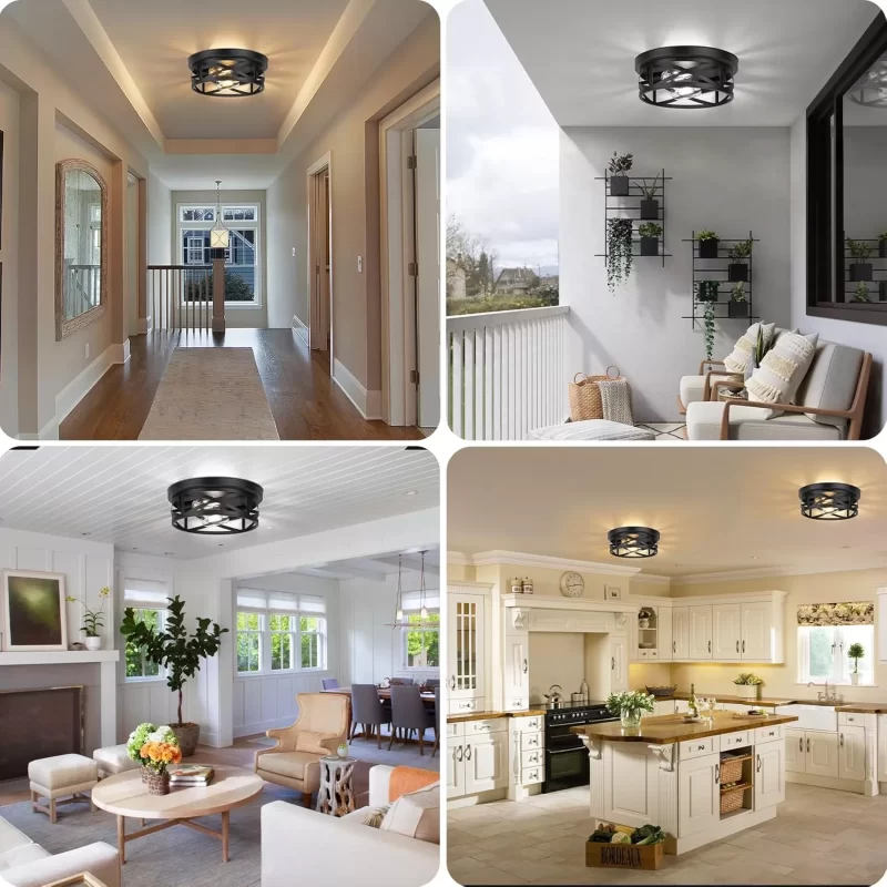 X10023P 2-Light Flush Mount Ceiling Light Fixtures, 2-Pack Farmhouse Black Ceiling Lights, Industrial Metal Cage Light Fixtures Ceiling Mounted with Adjustable Head, Ceiling Lights for Bedroom Hallway Kitchen - 图片 2