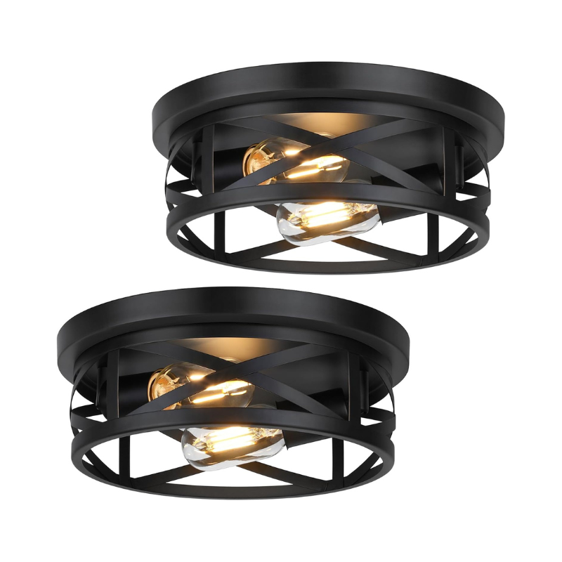 2-Light Flush Mount Ceiling Light Fixtures, 2-Pack Farmhouse Black Ceiling Lights, Industrial Metal Cage Light Fixtures Ceiling Mounted with Adjustable Head, Ceiling Lights for Bedroom Hallway Kitchen