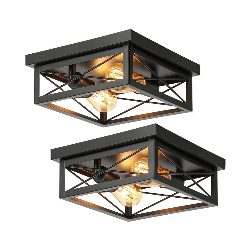 2-Light Industrial Square Flush Mount Ceiling Light, Farmhouse Ceiling Light Fixture for Kitchen, Modern Black Close to Ceiling Light for Hallway Bedroom Balcony Porch Stairway, E26, 2-Pack