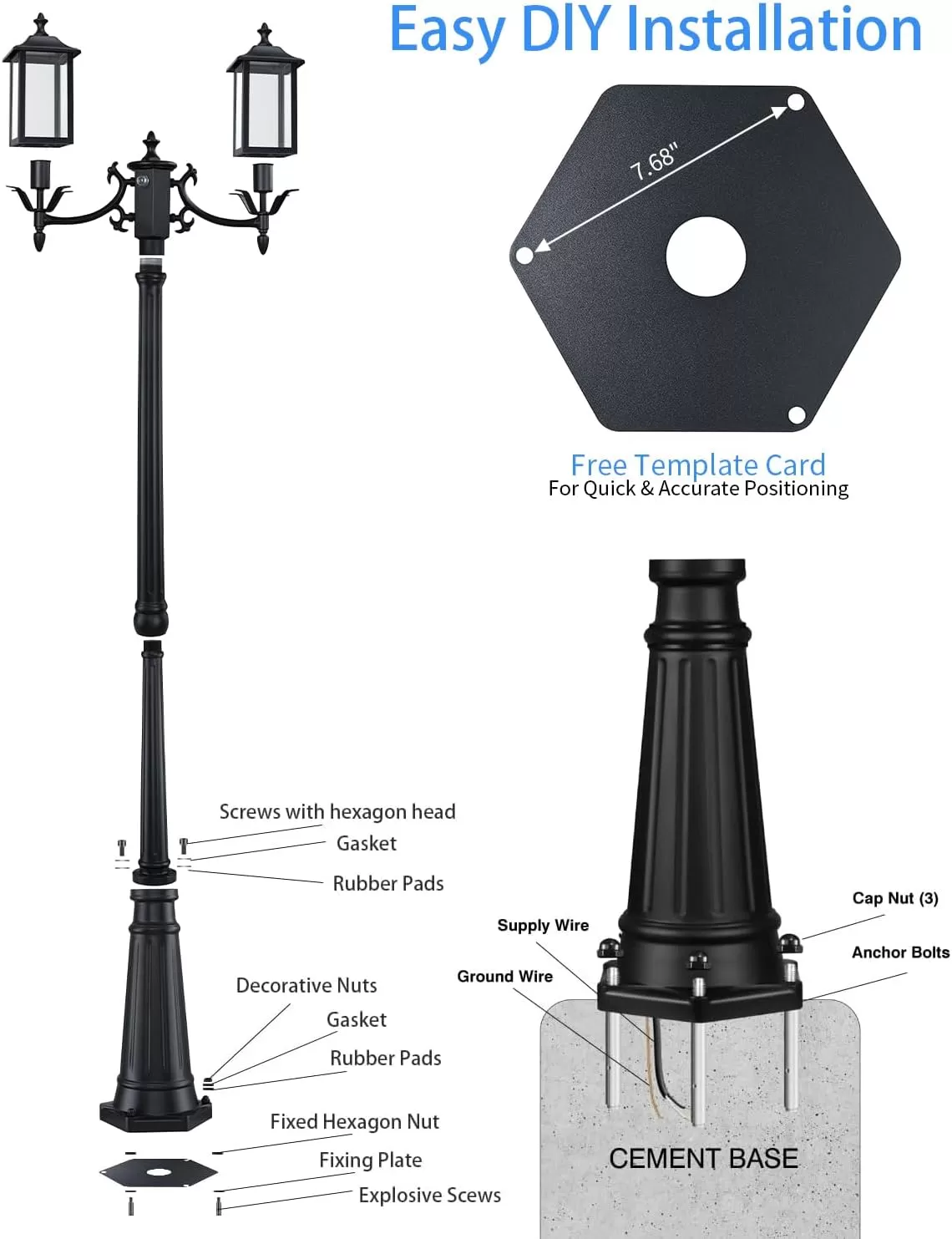 PL201A Z22001PP Dusk to Dawn Outdoor Lamp Post Light, Outdoor Post Light 2-Head Aluminum Street Light Post for Outside with Sensor, Waterproof Birdcage Pole Lighting Fixture for Backyard Garden Patio Driveway - Image 4