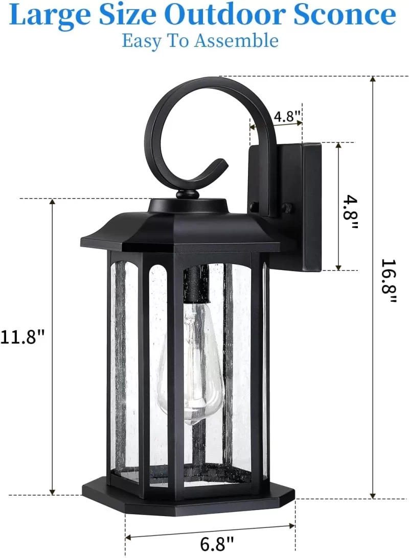 WL313A B07053P 16.8'' Large Dusk to Dawn Outdoor Wall Lights, Black Exterior Lighting Fixtures Wall Sconce with Seeded Glass, Waterproof Front Porch Light Outside Wall Lantern for House Patio Garage - Image 2