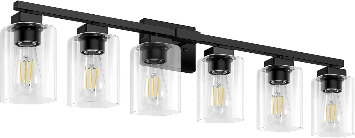 B38002PB 6-Light Bathroom Light Fixtures, Modern Black Bathroom Vanity Light, Bathroom Lighting Fixtures Over Mirror, Matte Black Bathroom Wall Lamp, Wall Lights for Living Room Bedroom Hallway
