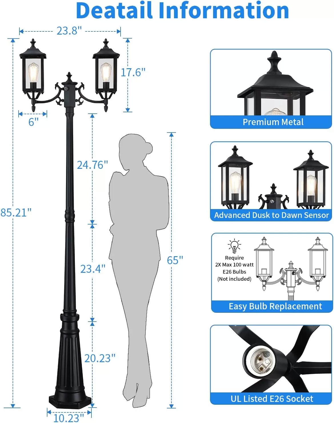 PL201A Z22001PP Dusk to Dawn Outdoor Lamp Post Light, Outdoor Post Light 2-Head Aluminum Street Light Post for Outside with Sensor, Waterproof Birdcage Pole Lighting Fixture for Backyard Garden Patio Driveway - Image 2