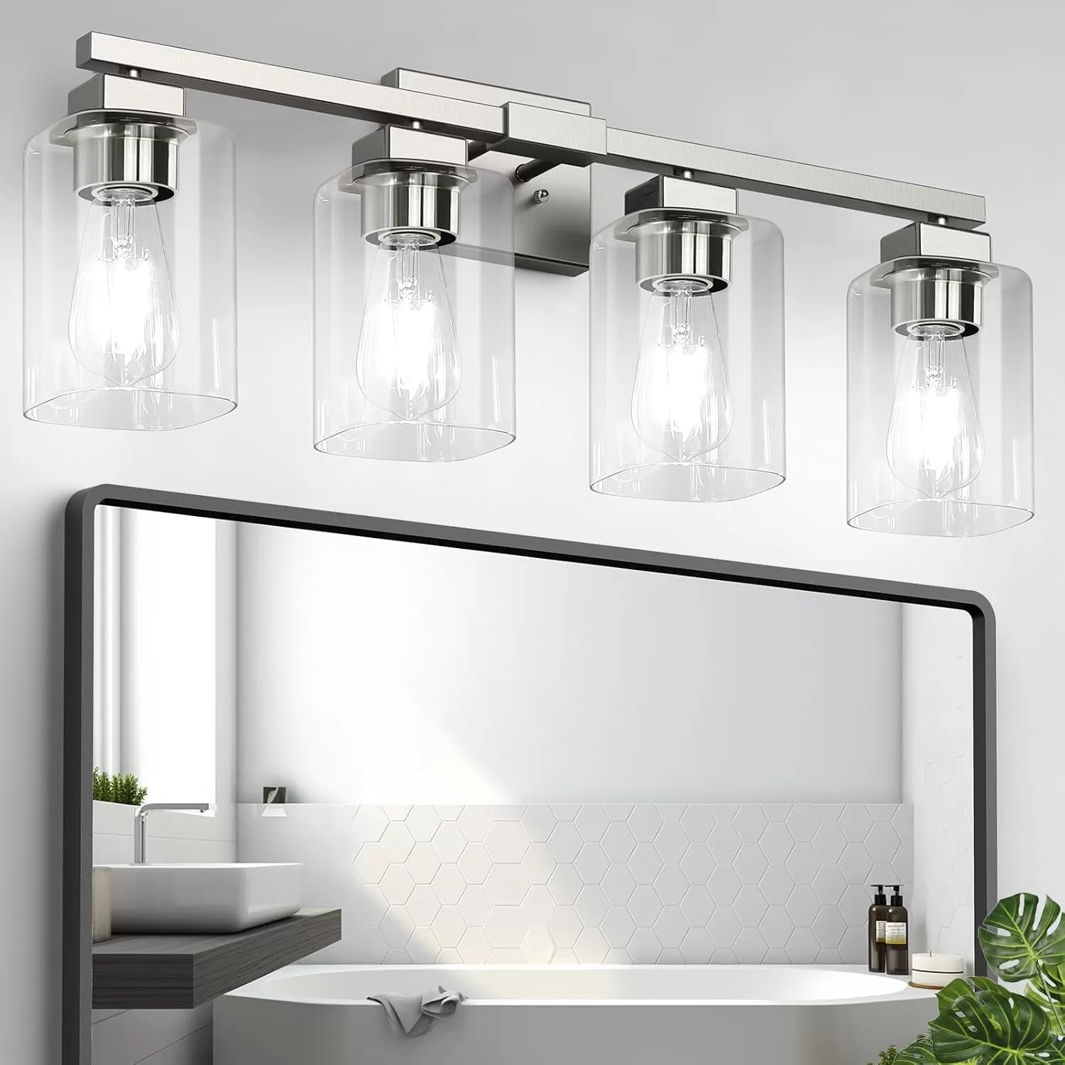 B27003PB 4-Light Bathroom Light Fixtures, Modern Nickel Bathroom Vanity Light, Bathroom Lighting Fixtures Over Mirror, Matte Nickel Bathroom Wall Lamp, Wall Lights for Living Room Bedroom Hallway - Image 3