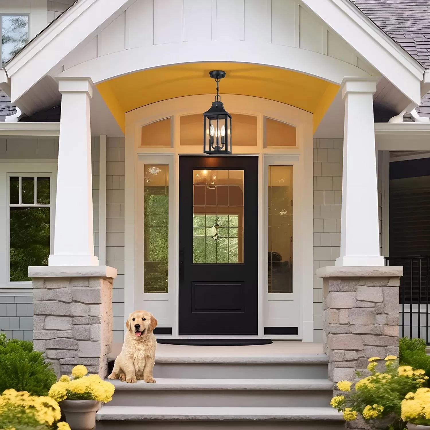 CL205A D06091FPP Large Outdoor Pendant Light Fixtures 3-Light, 15'' Dusk to Dawn Exterior Hanging Lantern Porch Light Adjustable, Black Hanging Lamp Farmhouse Exterior Chandelier Ceiling Mount for Entrance Patio - Image 3