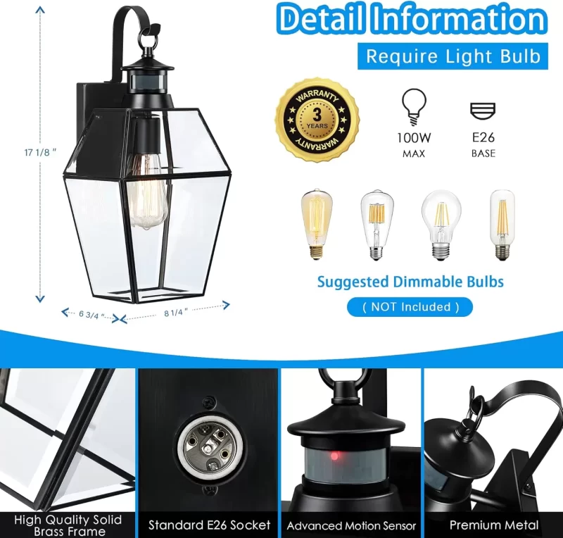 B08018PG Motion Sensor Outdoor Lights, 17" H Large Brass Advanced Dusk to Dawn Exterior Lighting Fixtures Wall Sconce, Waterproof Porch Light Wall Mount for House, Garage, Entryway, Patio - 图片 2