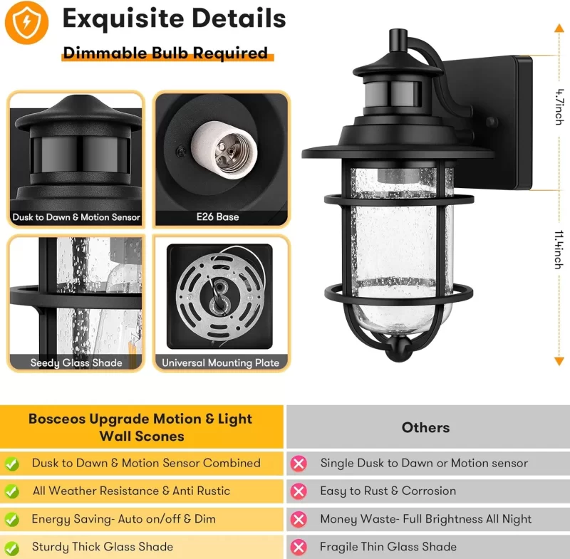 B06046PG Motion Sensor Outdoor Wall Lantern Dusk to Dawn Waterproof Exterior Wall Sconce with Seeded Glass Black Wall Mount Light Fixture for Porch Doorway Garage, E26 Socket, Motion Activated - 图片 2