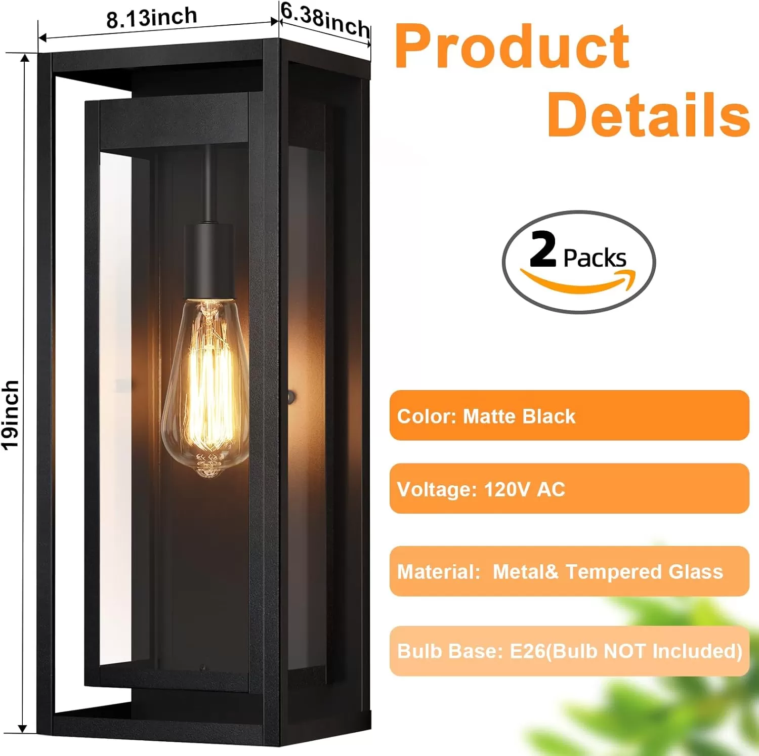 B06121P-BIG-2PUS B08044P(2PK) 19" Outdoor Wall Lights, 2 Pack Large Size Matte Black Outdoor Sconce Lights with Clear Glass Shade, Waterproof Porch Lighting Exterior Light Fixture for Front Door, Garage - Image 2