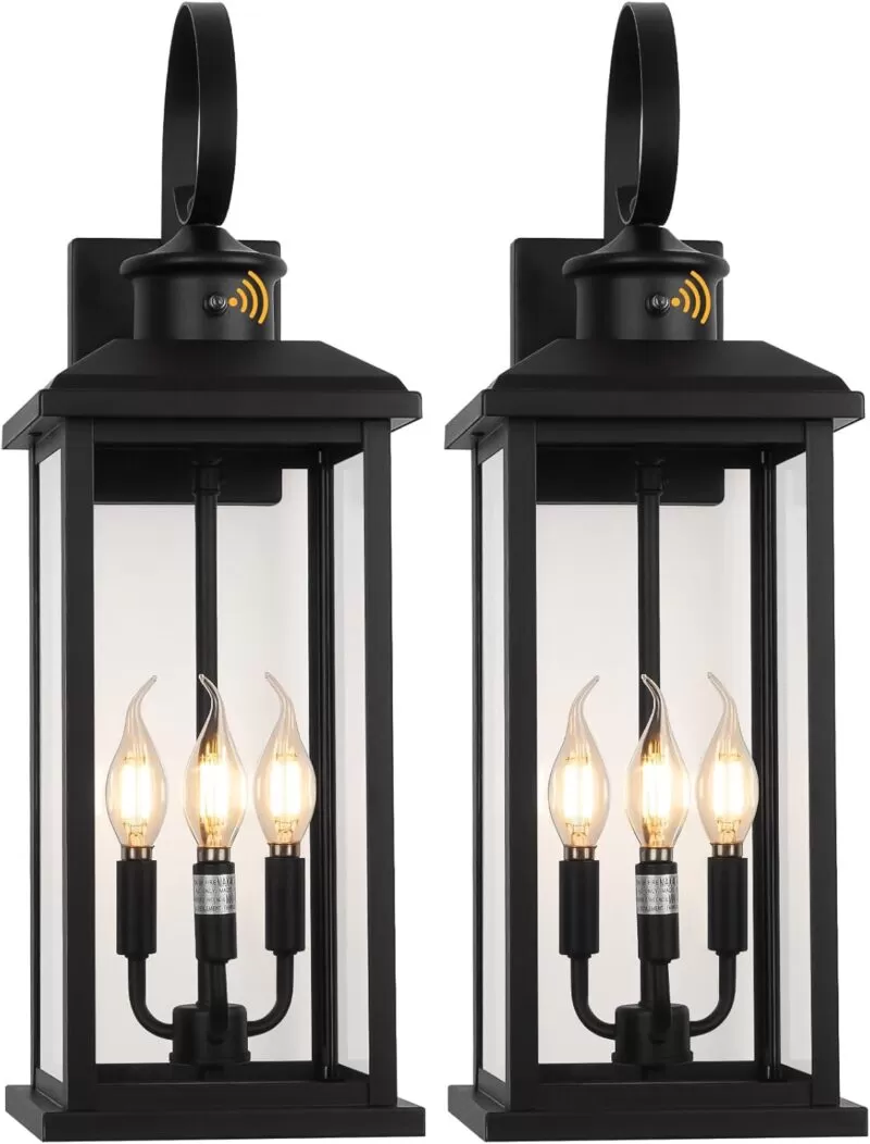 B08048PP 24" Dusk to Dawn Outdoor Wall Light Fixture 2 Pack-Black Extra Large Modern Porch Lantern 3-Light, Waterproof Exterior Lighting Sconce Wall Mount, Outside Lamp for Entryway Garage Coach E12 Base