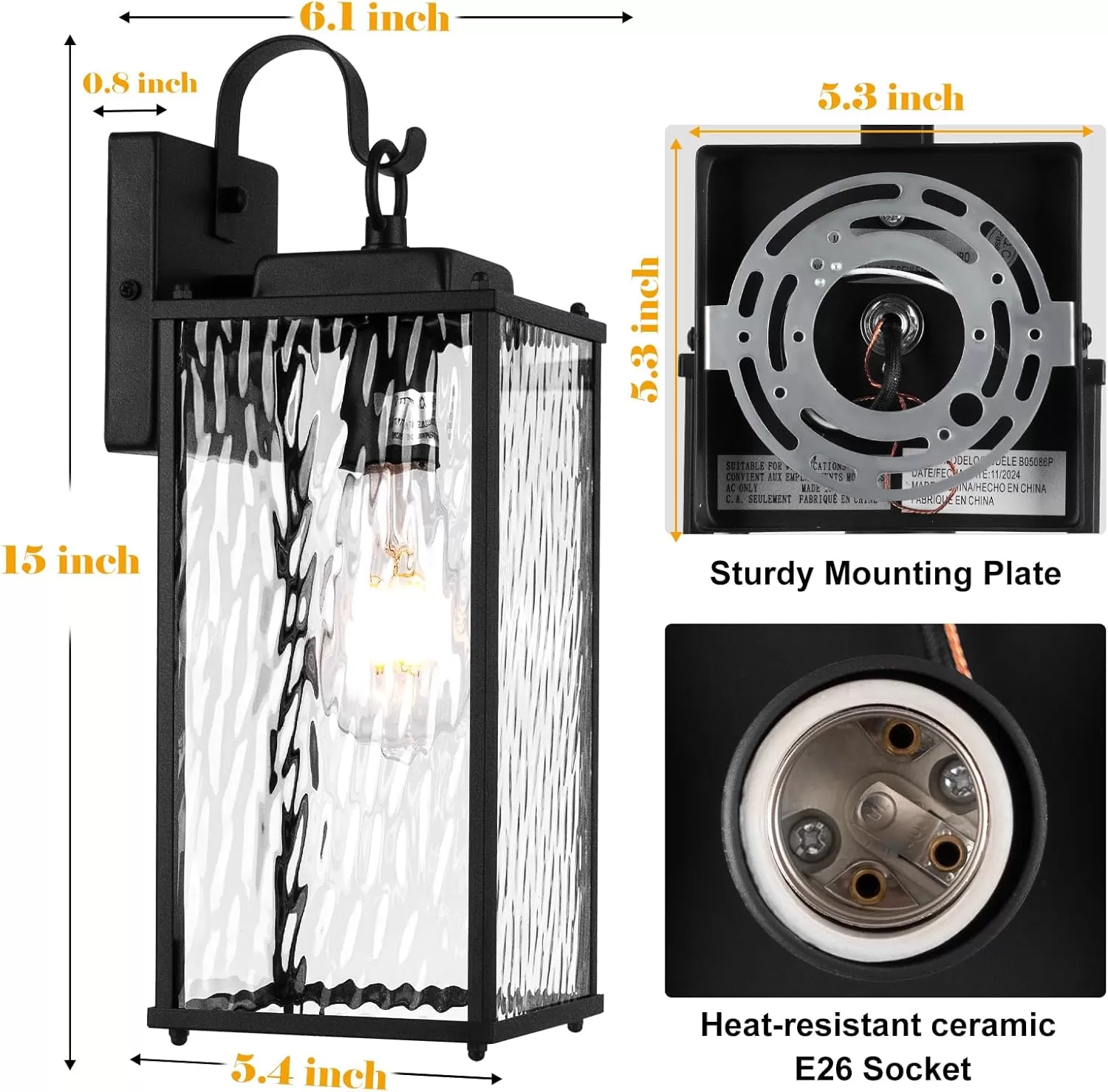 B05086P Outdoor Lights for House with Water Ripple Glass Modern 2-Pack, IP65 Waterproof Porch Lights Outdoor Wall Sconces Matte Black Patio Garage Coach Lighting Exterior Lanterns Wall Mounted, 15" - Image 8