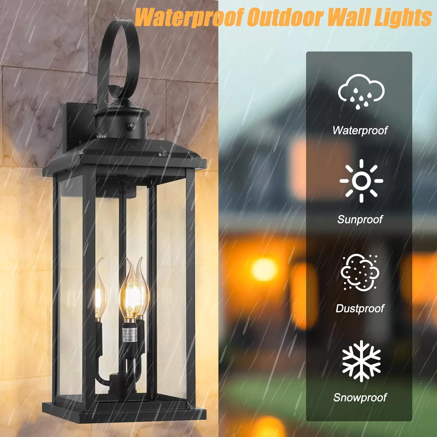 B08048PP 24" Dusk to Dawn Outdoor Wall Light Fixture 2 Pack-Black Extra Large Modern Porch Lantern 3-Light, Waterproof Exterior Lighting Sconce Wall Mount, Outside Lamp for Entryway Garage Coach E12 Base - Image 4
