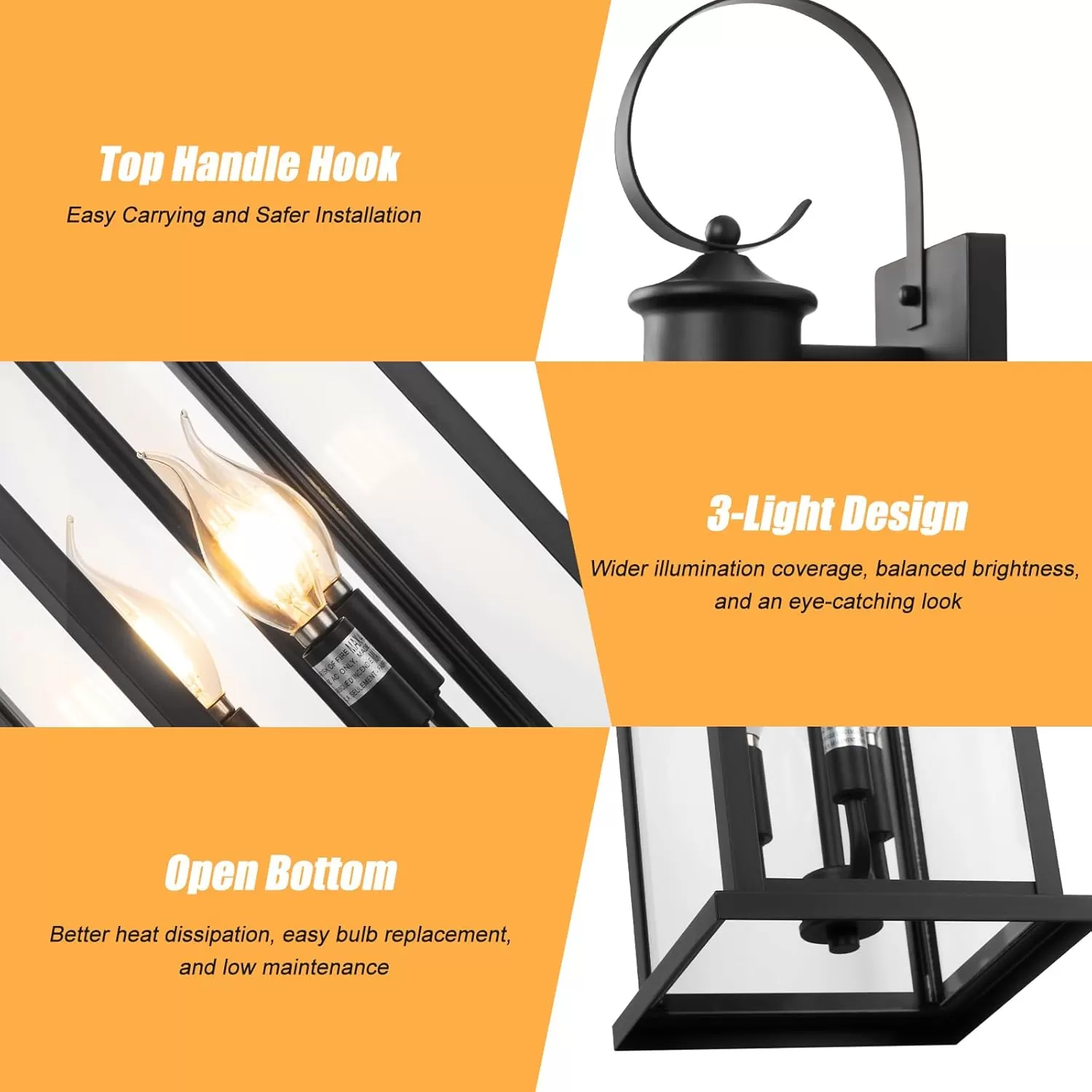 B08048P 24" Extra Large Outdoor Wall Light Fixture 2-Pack, Black 3-Light Modern Porch Lantern, Waterproof Exterior Lighting Sconce Wall Mount, Outside Lamp for House Garage Patio E12 Base - Image 3