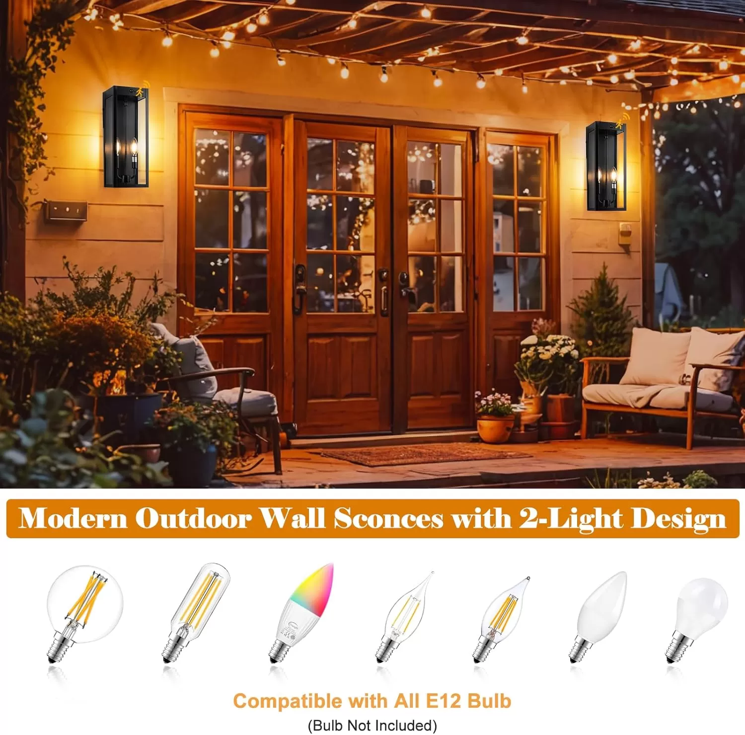 B06157PG Black Motion Sensor Outdoor Lights 2-Light, 16” Modern Dusk to Dawn Sensor Lights for Outside 2 Pack, Exterior Wall Mount Porch Lanterns Waterproof Outside House Lamps for Garage Yard E12 - Image 4