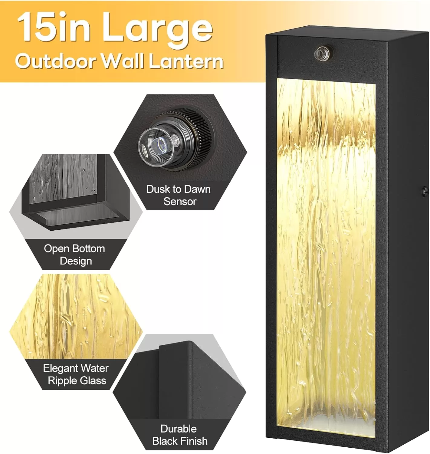 B05097LP Dusk to Dawn LED Outdoor Wall Light Fixtures, 15in Exterior Black Waterproof Outdoor Lighting, Large Modern Water Ripple Porch Sconces Wall Mounted Outside Lantern for Garage Front Door(2 Pack) - Image 8