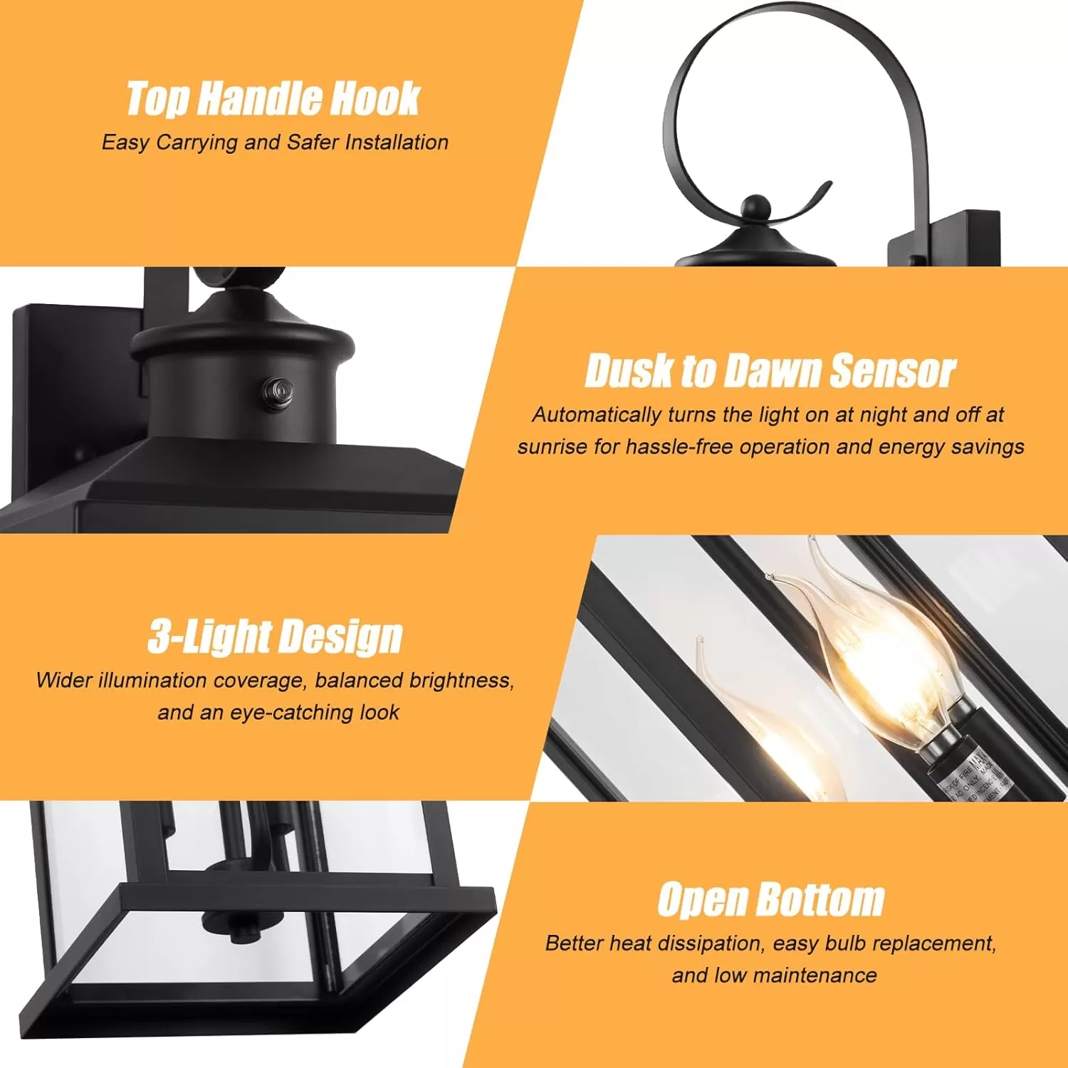 B08048PP 24" Dusk to Dawn Outdoor Wall Light Fixture 2 Pack-Black Extra Large Modern Porch Lantern 3-Light, Waterproof Exterior Lighting Sconce Wall Mount, Outside Lamp for Entryway Garage Coach E12 Base - Image 8