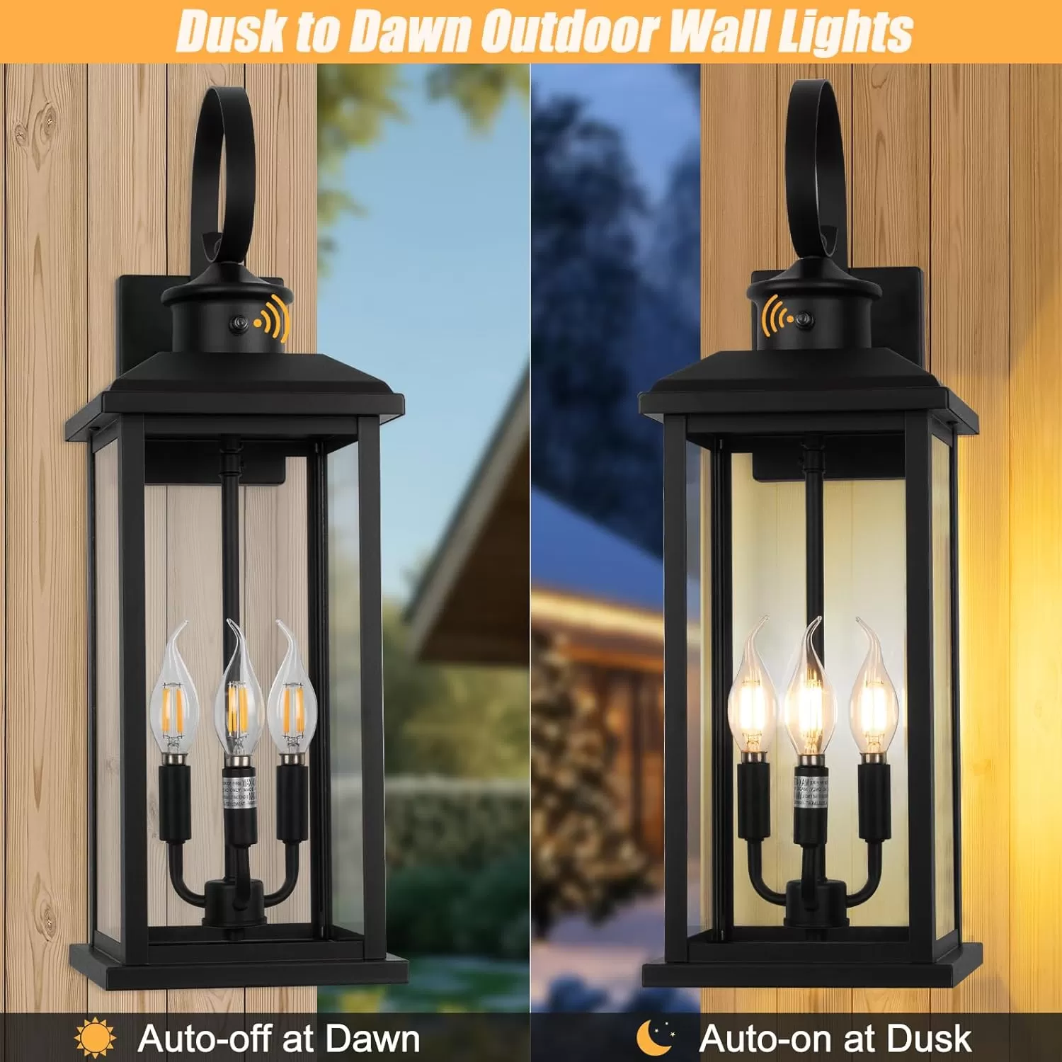 B08048PP 24" Dusk to Dawn Outdoor Wall Light Fixture 2 Pack-Black Extra Large Modern Porch Lantern 3-Light, Waterproof Exterior Lighting Sconce Wall Mount, Outside Lamp for Entryway Garage Coach E12 Base - Image 7