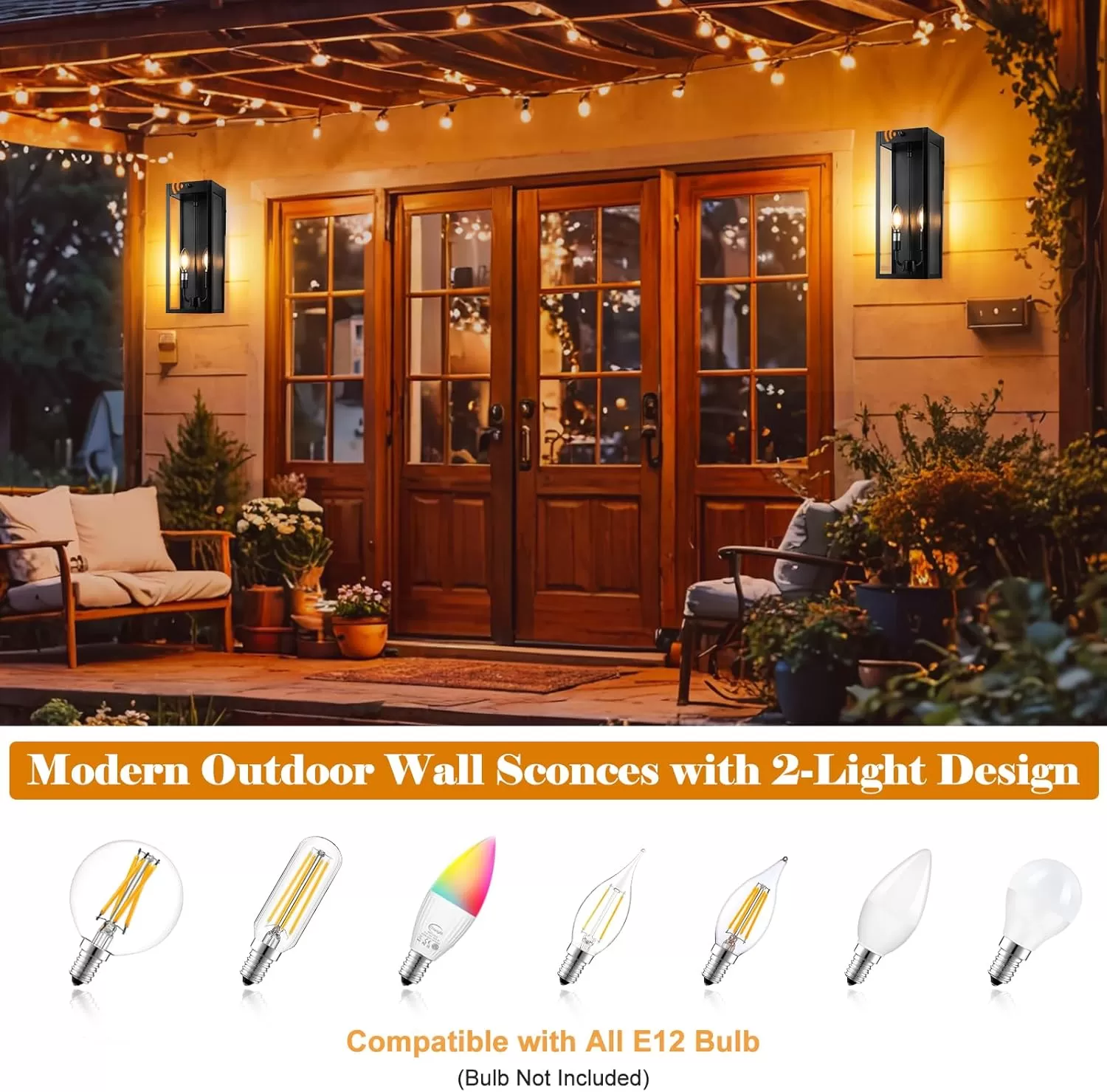 B06157P Outdoor Wall Lights 16 Inch Large, 2 Pack Black Modern Exterior Lighting Fixtures Wall Mounted with 2-Candle Light, Waterproof Outside Wall Sconces Coach Lamps Porch Lanterns for House E12 - Image 5