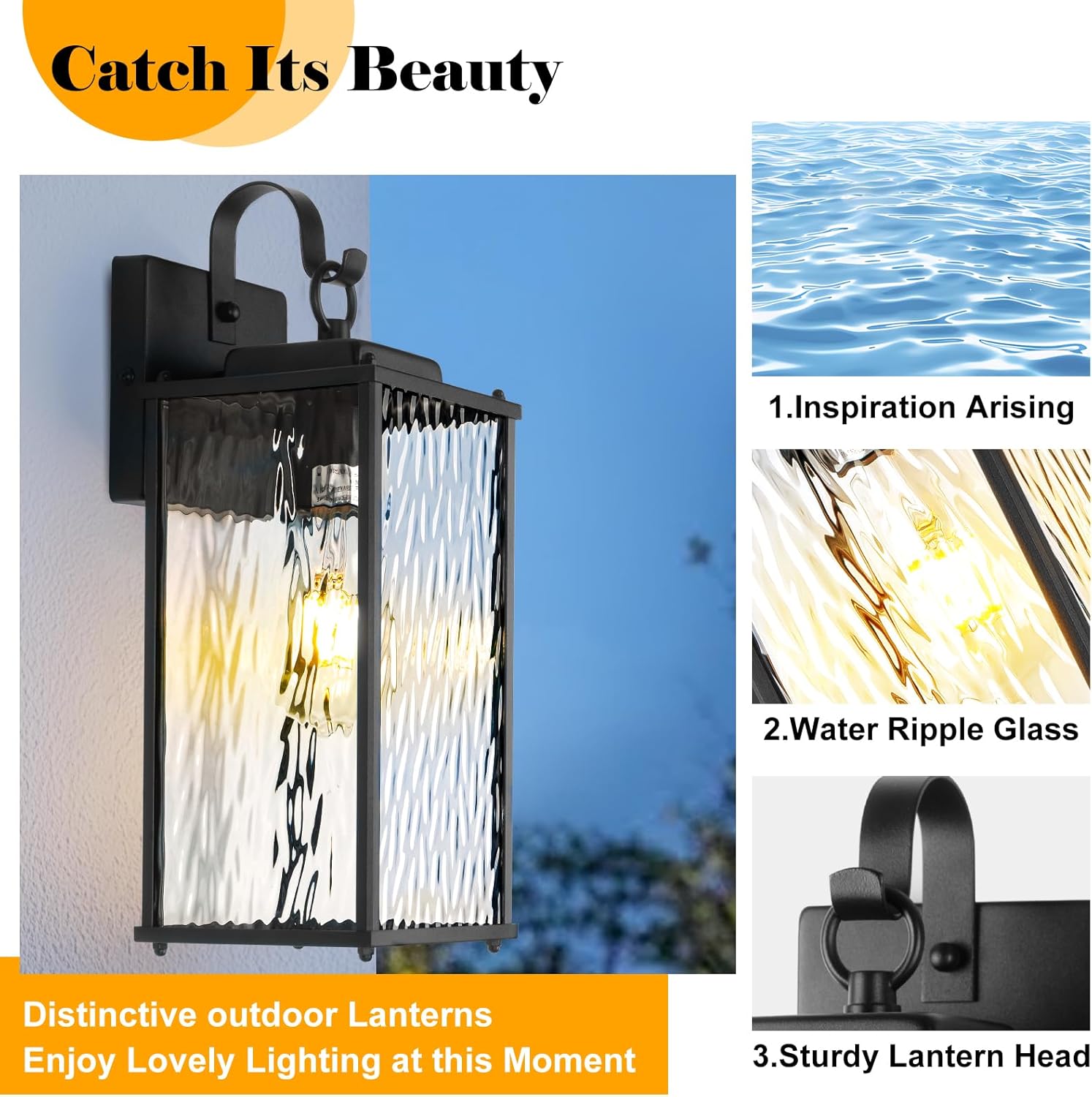 B05086P Outdoor Lights for House with Water Ripple Glass Modern 2-Pack, IP65 Waterproof Porch Lights Outdoor Wall Sconces Matte Black Patio Garage Coach Lighting Exterior Lanterns Wall Mounted, 15" - Image 2