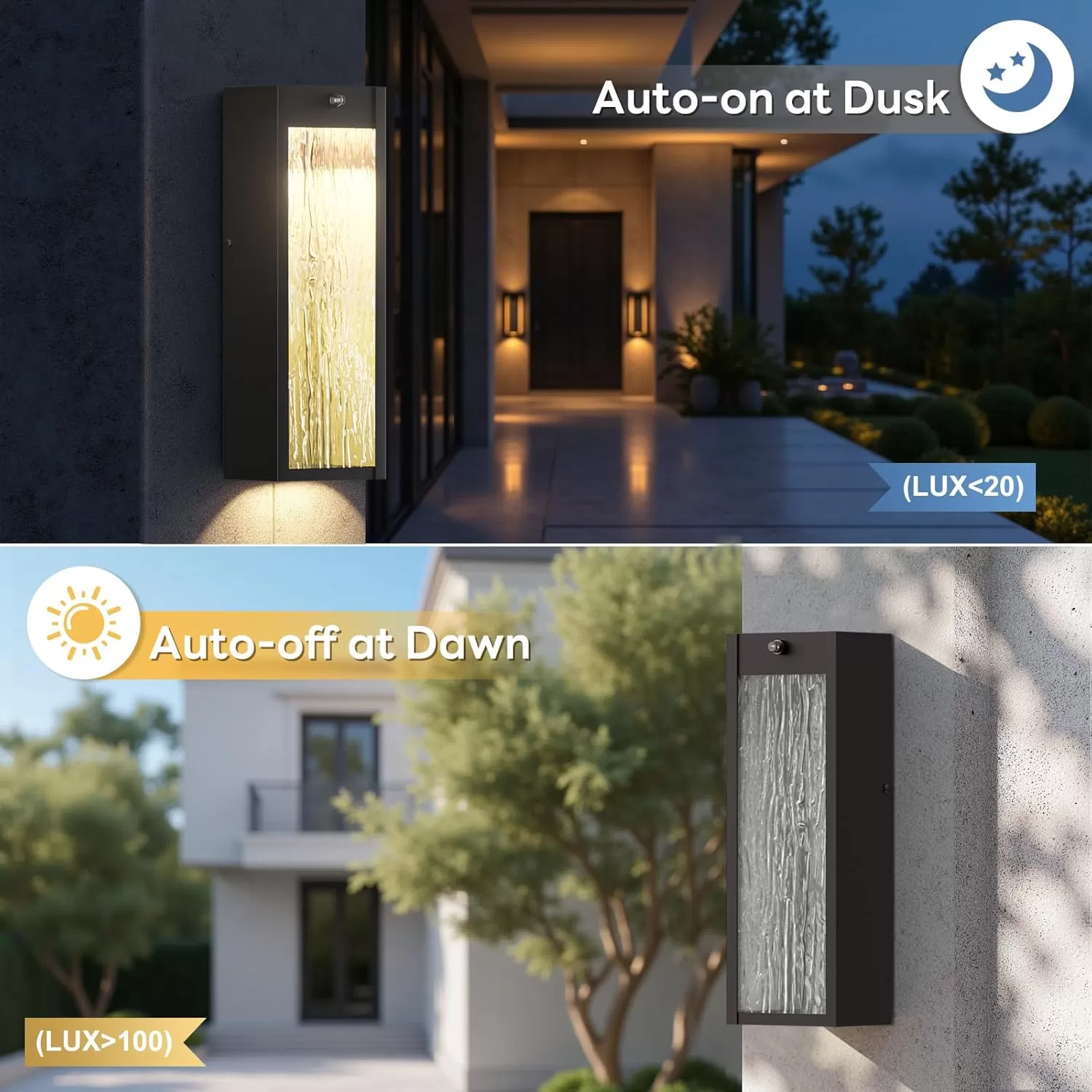 B05097LP Dusk to Dawn LED Outdoor Wall Light Fixtures, 15in Exterior Black Waterproof Outdoor Lighting, Large Modern Water Ripple Porch Sconces Wall Mounted Outside Lantern for Garage Front Door(2 Pack) - Image 4