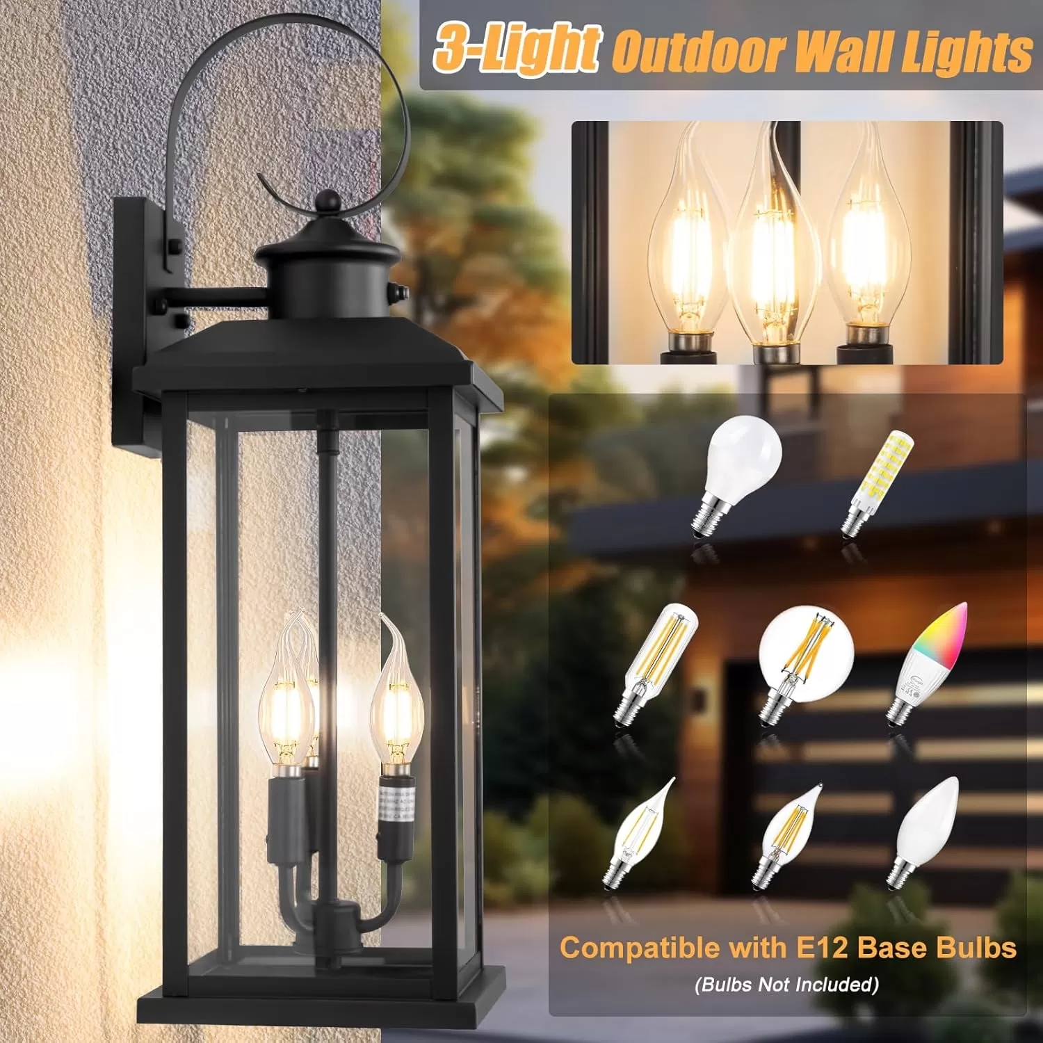 B08048PP 24" Dusk to Dawn Outdoor Wall Light Fixture 2 Pack-Black Extra Large Modern Porch Lantern 3-Light, Waterproof Exterior Lighting Sconce Wall Mount, Outside Lamp for Entryway Garage Coach E12 Base - Image 2