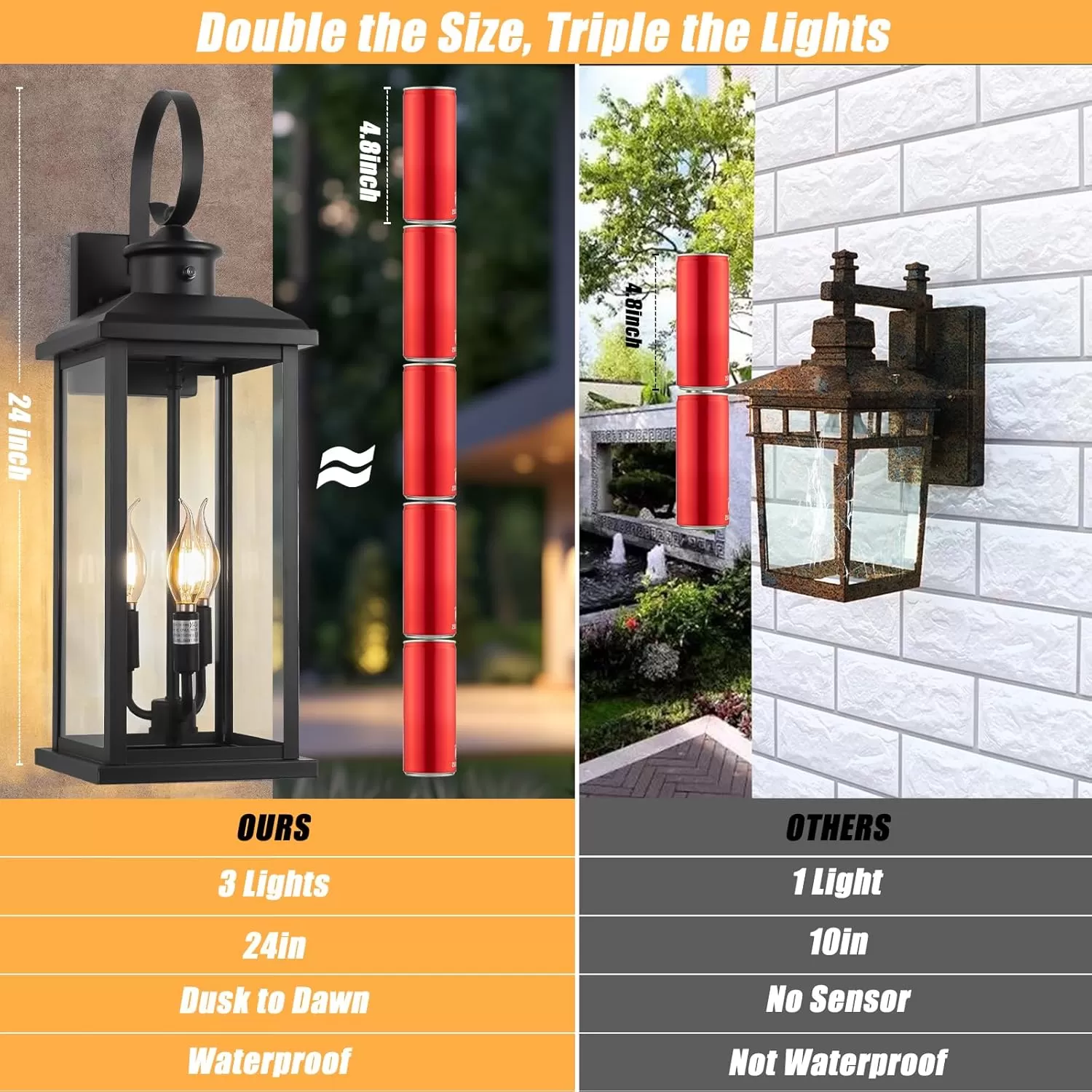 B08048PP 24" Dusk to Dawn Outdoor Wall Light Fixture 2 Pack-Black Extra Large Modern Porch Lantern 3-Light, Waterproof Exterior Lighting Sconce Wall Mount, Outside Lamp for Entryway Garage Coach E12 Base - Image 3