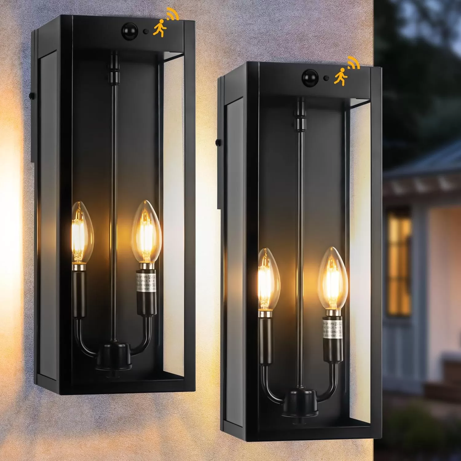 B06157PG Black Motion Sensor Outdoor Lights 2-Light, 16” Modern Dusk to Dawn Sensor Lights for Outside 2 Pack, Exterior Wall Mount Porch Lanterns Waterproof Outside House Lamps for Garage Yard E12