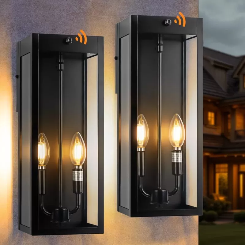 B06157PP 16” Dusk to Dawn Outdoor Lighting, 2 Pack Black Modern Porch Outside Lights for House 2-Light, Photocell Sensor Exterior Patio Coach Wall Lanterns Outside Garden Sconce Lamps Waterproof E12