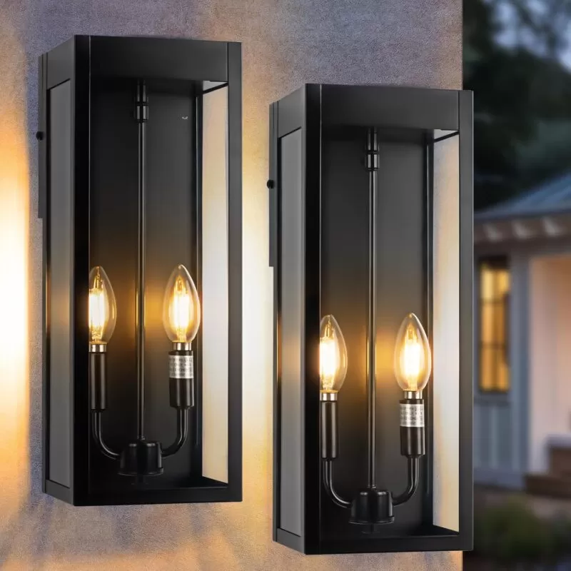 B06157P Outdoor Wall Lights 16 Inch Large, 2 Pack Black Modern Exterior Lighting Fixtures Wall Mounted with 2-Candle Light, Waterproof Outside Wall Sconces Coach Lamps Porch Lanterns for House E12
