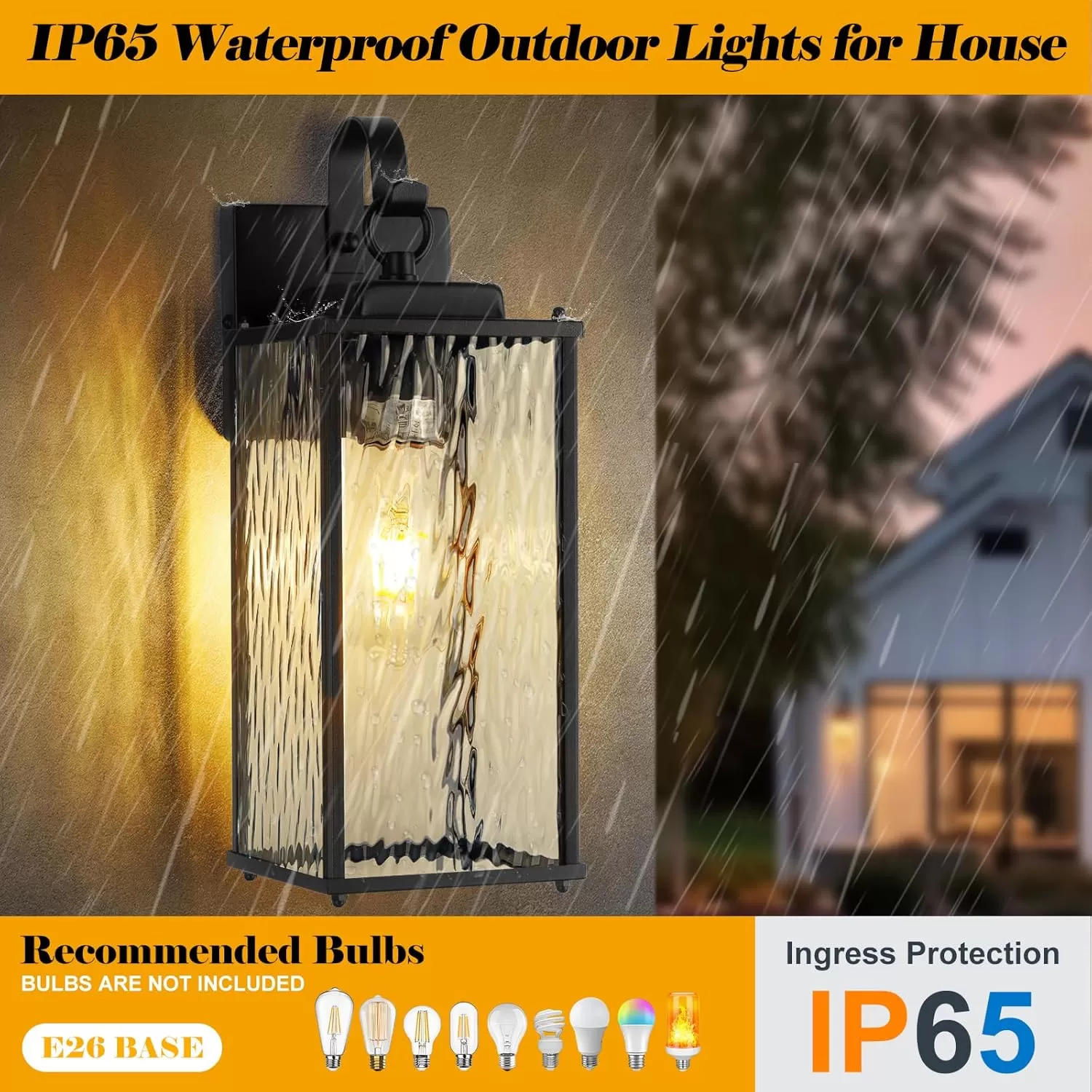 B05086P Outdoor Lights for House with Water Ripple Glass Modern 2-Pack, IP65 Waterproof Porch Lights Outdoor Wall Sconces Matte Black Patio Garage Coach Lighting Exterior Lanterns Wall Mounted, 15" - Image 3
