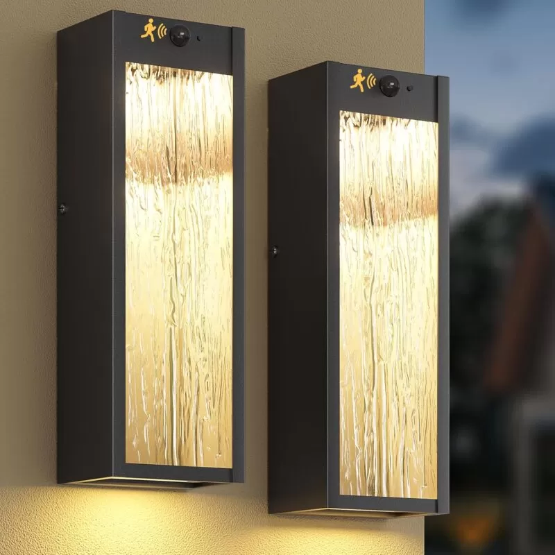 B05097LG Motion Sensor LED Outdoor Wall Light Fixtures 2 Pack, Modern Dusk to Dawn Sensor Porch Outdoor Lighting, Black 15 Inch Water Ripple Exterior Wall Sconce, LED Outside Lantern for Garage Front Door
