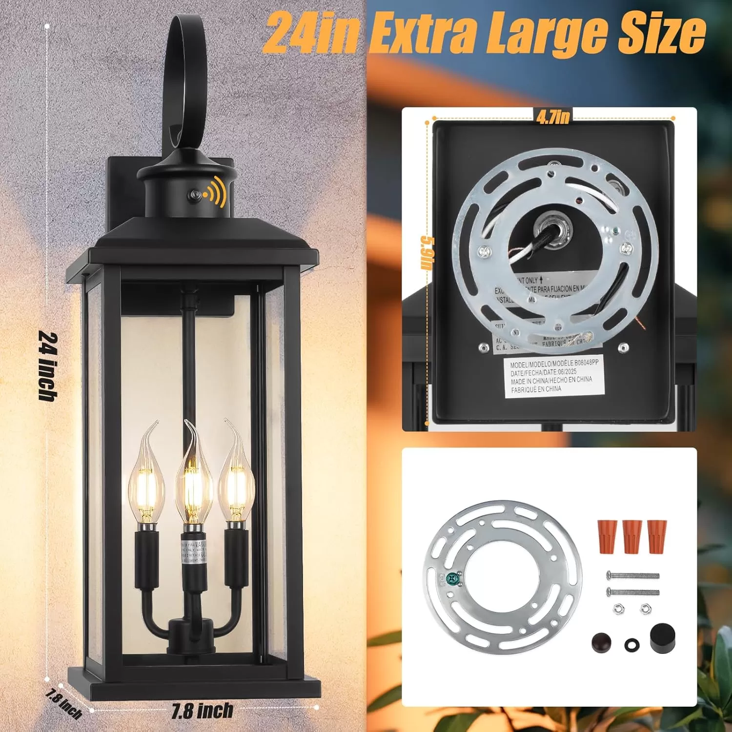 B08048PP 24" Dusk to Dawn Outdoor Wall Light Fixture 2 Pack-Black Extra Large Modern Porch Lantern 3-Light, Waterproof Exterior Lighting Sconce Wall Mount, Outside Lamp for Entryway Garage Coach E12 Base - Image 6