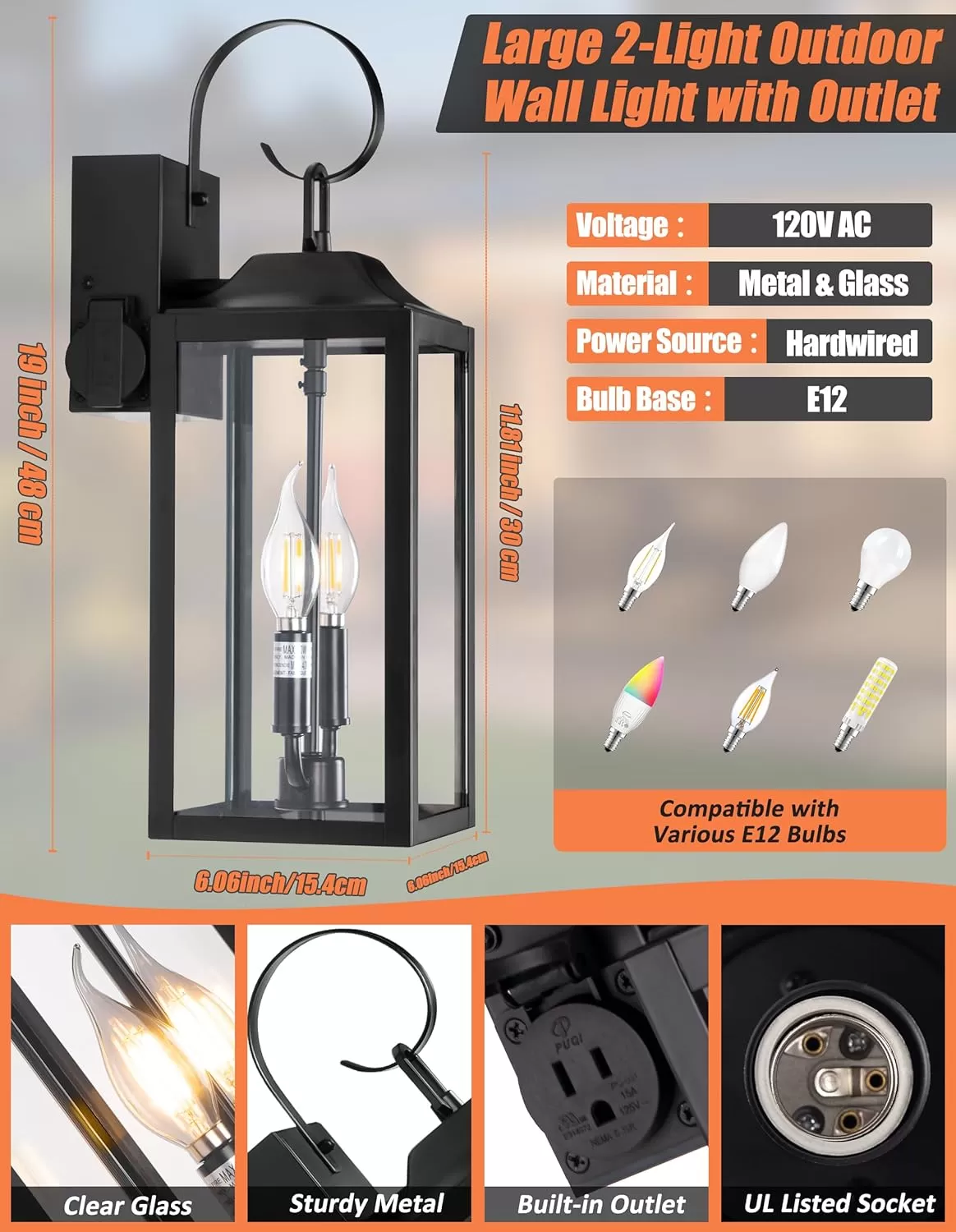 B06094GPB 19" Large Porch Light with Outlet, Black Large Outdoor Wall Lantern 2-Light Exterior Lighting Fixtures, Modern Outdoor Wall Light with Outlet Farmhouse Sconce Lantern for House Front Door Garage - Image 3
