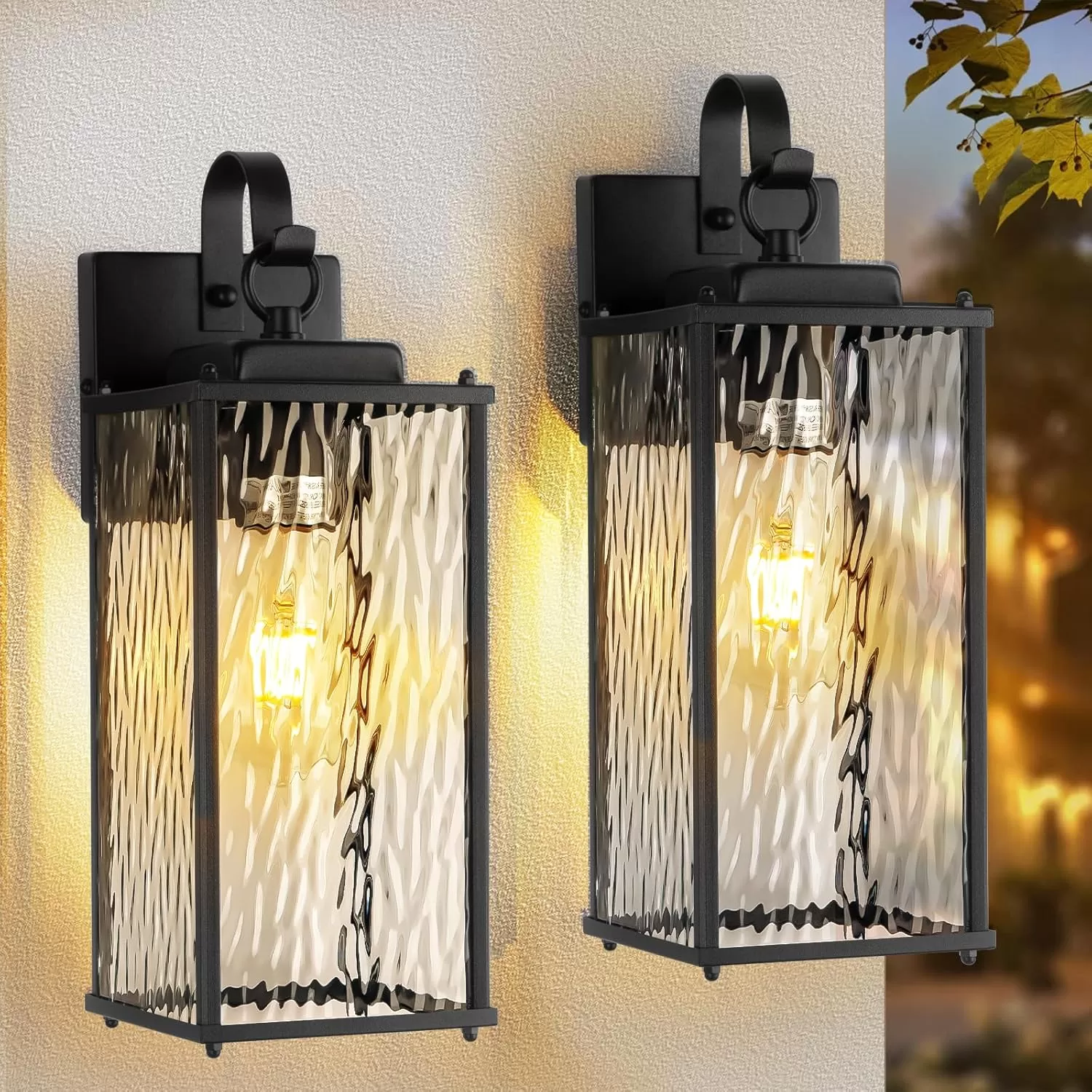 B04057P 12 Inch Outdoor Wall Sconces with Water Ripple Glass 2-Pack, IP65 Waterproof Matte Black Exterior Light Fixtures Outside Lights for House Front Porch Lanterns Patio Garage Lights, E26