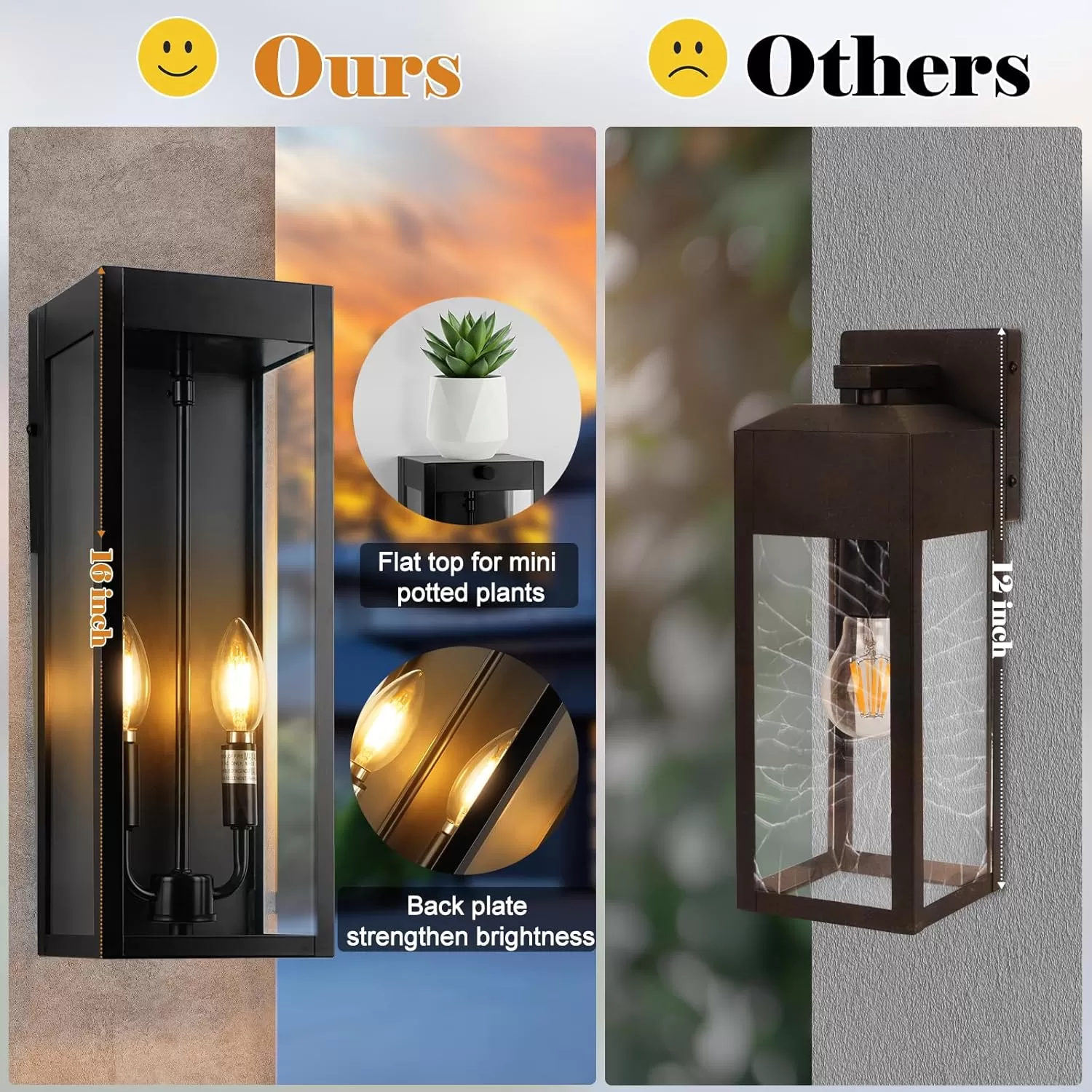 B06157P Outdoor Wall Lights 16 Inch Large, 2 Pack Black Modern Exterior Lighting Fixtures Wall Mounted with 2-Candle Light, Waterproof Outside Wall Sconces Coach Lamps Porch Lanterns for House E12 - Image 3