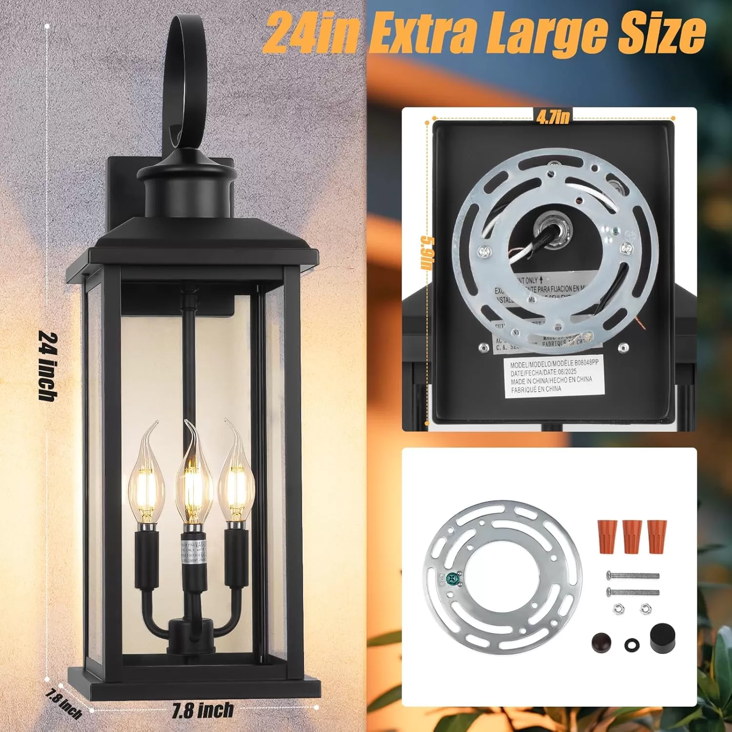 B08048P 24" Extra Large Outdoor Wall Light Fixture 2-Pack, Black 3-Light Modern Porch Lantern, Waterproof Exterior Lighting Sconce Wall Mount, Outside Lamp for House Garage Patio E12 Base - Image 6