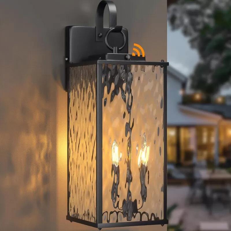 B05087PP Dusk to Dawn Sensor Outdoor Light 18 Inch, Large 2-Light Bulb Outdoor Sconce Light Photocell Sensor Water Ripple Glass IP65 Waterproof Exterior Wall Lantern Lamp, E12