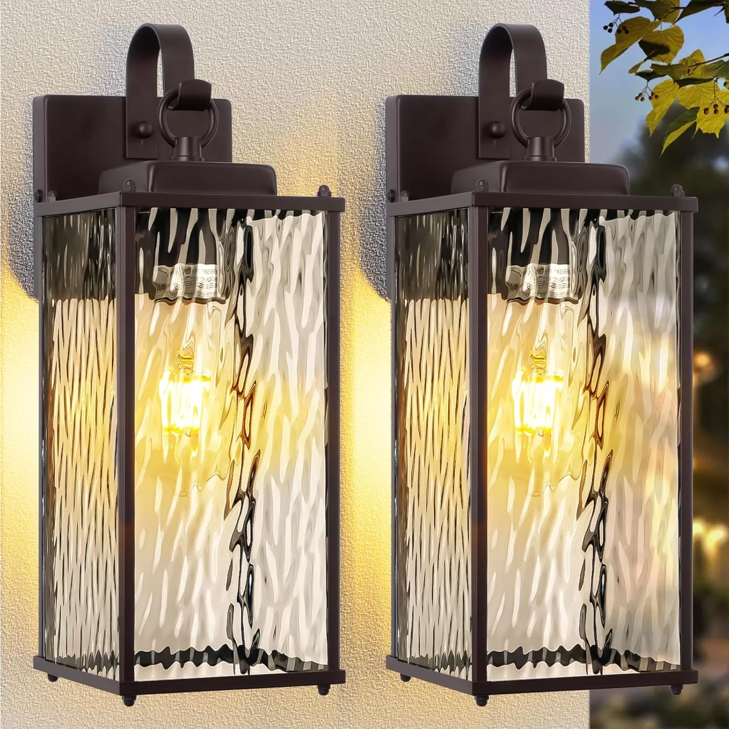 B05086P Outdoor Lights for House with Water Ripple Glass Modern 2-Pack, IP65 Waterproof Porch Lights Outdoor Wall Sconces Matte Black Patio Garage Coach Lighting Exterior Lanterns Wall Mounted, 15" - Image 5