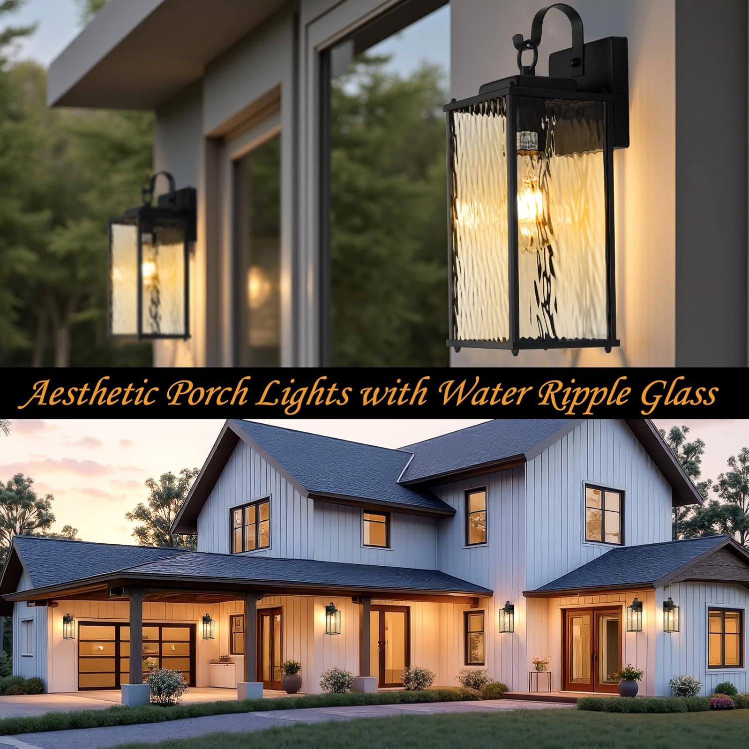 B05086P Outdoor Lights for House with Water Ripple Glass Modern 2-Pack, IP65 Waterproof Porch Lights Outdoor Wall Sconces Matte Black Patio Garage Coach Lighting Exterior Lanterns Wall Mounted, 15" - Image 6