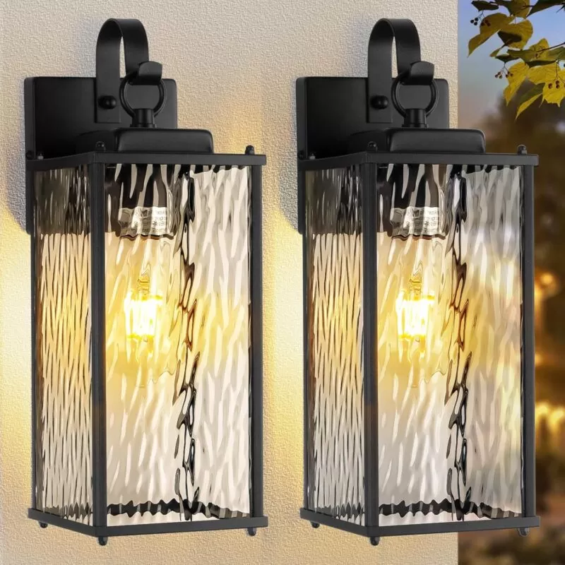 B05086P Outdoor Lights for House with Water Ripple Glass Modern 2-Pack, IP65 Waterproof Porch Lights Outdoor Wall Sconces Matte Black Patio Garage Coach Lighting Exterior Lanterns Wall Mounted, 15"