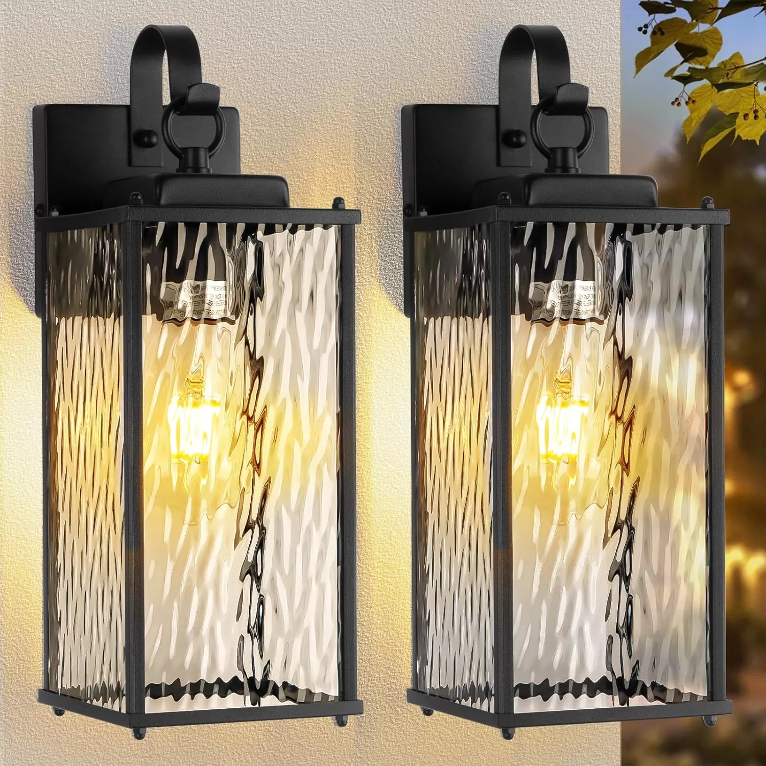 B05086P Outdoor Lights for House with Water Ripple Glass Modern 2-Pack, IP65 Waterproof Porch Lights Outdoor Wall Sconces Matte Black Patio Garage Coach Lighting Exterior Lanterns Wall Mounted, 15"