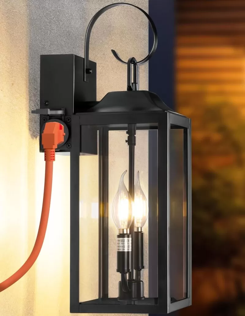 B06094GPB 19" Large Porch Light with Outlet, Black Large Outdoor Wall Lantern 2-Light Exterior Lighting Fixtures, Modern Outdoor Wall Light with Outlet Farmhouse Sconce Lantern for House Front Door Garage