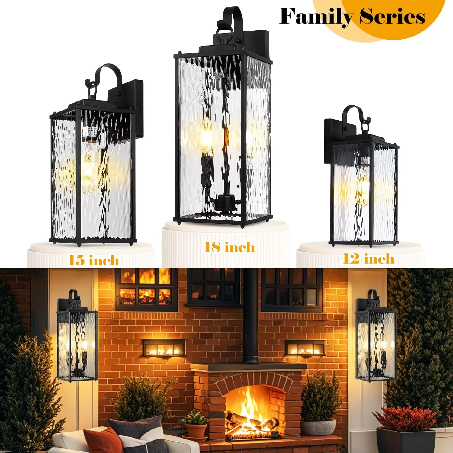 B05086P Outdoor Lights for House with Water Ripple Glass Modern 2-Pack, IP65 Waterproof Porch Lights Outdoor Wall Sconces Matte Black Patio Garage Coach Lighting Exterior Lanterns Wall Mounted, 15" - Image 7