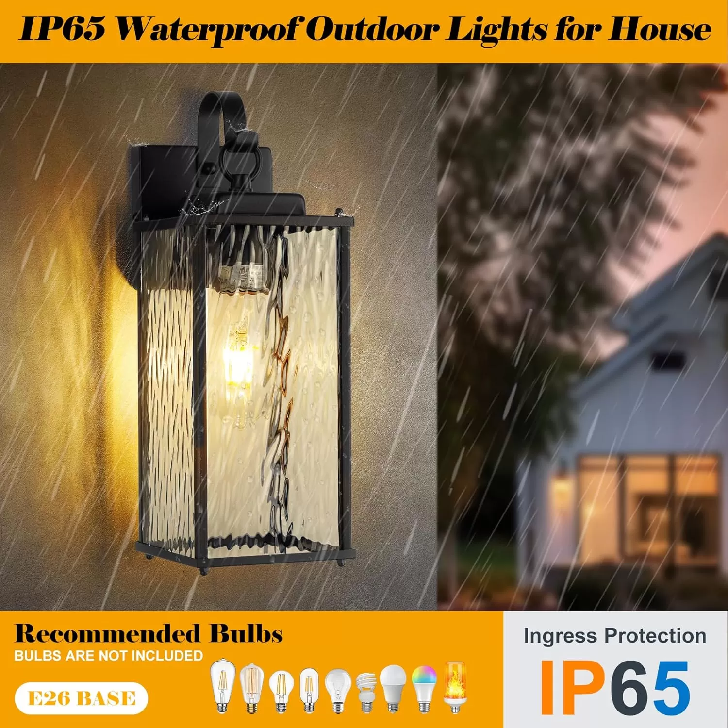 B04057P 12 Inch Outdoor Wall Sconces with Water Ripple Glass 2-Pack, IP65 Waterproof Matte Black Exterior Light Fixtures Outside Lights for House Front Porch Lanterns Patio Garage Lights, E26 - Image 2