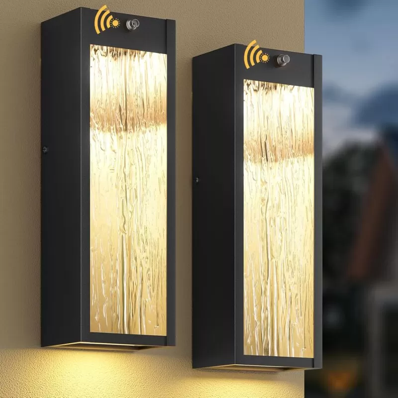 B05097LP Dusk to Dawn LED Outdoor Wall Light Fixtures, 15in Exterior Black Waterproof Outdoor Lighting, Large Modern Water Ripple Porch Sconces Wall Mounted Outside Lantern for Garage Front Door(2 Pack)