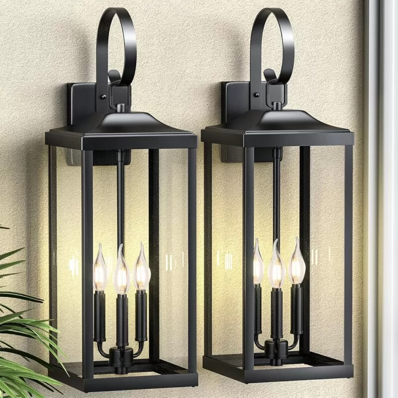 B08039P 2 Packs 24" Extra Large Outside Wall Light Fixture 3-Light, Black Outdoor Porch Lantern Wall Mounted, Waterproof Modern Outside Wall Sconce Coach Lamp for House, E12